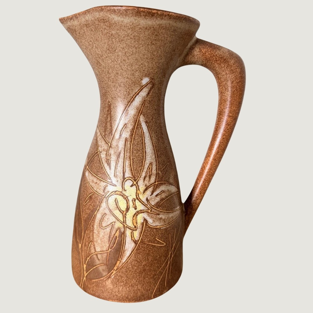 Vallauris D. Miani French Mid Century Modern Ceramic Pitcher Vase Brown Floral